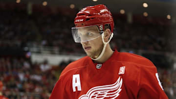 Nov 20, 2016; Detroit, MI, USA; Detroit Red Wings left wing Justin Abdelkader (8) waits for a face off against the Calgary Flames during the first period at Joe Louis Arena. Mandatory Credit: Raj Mehta-USA TODAY Sports