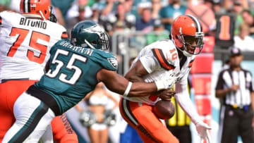Sep 11, 2016; Philadelphia, PA, USA; Philadelphia Eagles defensive end Brandon Graham (55) strips the ball from Cleveland Browns quarterback Robert Griffin III (10) during the fourth quarter at Lincoln Financial Field. The Eagles defeated the Browns, 29-10. Mandatory Credit: Eric Hartline-USA TODAY Sports