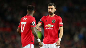 MANCHESTER, ENGLAND - FEBRUARY 01: Bruno Fernandes of Manchester United speaks to Fred during the Premier League match between Manchester United and Wolverhampton Wanderers at Old Trafford on February 01, 2020 in Manchester, United Kingdom. (Photo by Alex Livesey/Getty Images)
