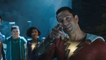 (L-r) ROSS BUTLER as Super Hero Eugene, JOVAN ARMAND as Pedro Pena, MEAGAN GOOD as Super Hero Darla, ZACHARY LEVI as Shazam and GRACE CAROLINE CURREY as Super Hero Mary in New Line Cinema’s action adventure “SHAZAM! FURY OF THE GODS,” a Warner Bros. Pictures release. Photo Credit: Courtesy of Warner Bros. Pictures © 2021 Warner Bros. Ent. All Rights Reserved. TM & © DC