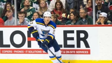 Oct 10, 2015; Saint Paul, MN, USA; St Louis Blues forward Jaden Schwartz (17) skates with the puck in the third period against the Minnesota Wild at Xcel Energy Center. The Minnesota Wild beat the St Louis Blues 3-2. Mandatory Credit: Brad Rempel-USA TODAY Sports