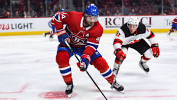 MONTREAL, QC - SEPTEMBER 16: Montreal Canadiens center Nate Thompson (44) gains control of the puck during the New Jersey Devils versus the Montreal Canadiens preseason game on September 16, 2019, at Bell Centre in Montreal, QC (Photo by David Kirouac/Icon Sportswire via Getty Images)