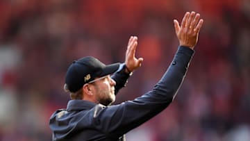LIVERPOOL, ENGLAND - MAY 12: Jurgen Klopp, Manager of Liverpool acknowledges the fans after the Premier League match between Liverpool FC and Wolverhampton Wanderers at Anfield on May 12, 2019 in Liverpool, United Kingdom. (Photo by Laurence Griffiths/Getty Images)