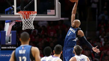 LOS ANGELES, CA - MARCH 09: Adreian Payne #3 of the Minnesota Timberwolves dunks against the Los Angeles Clippers at Staples Center on March 9, 2015 in Los Angeles, California. The Clippers won 89-76. NOTE TO USER: User expressly acknowledges and agrees that, by downloading and or using this photograph, User is consenting to the terms and conditions of the Getty Images License Agreement. (Photo by Stephen Dunn/Getty Images)