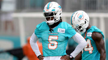 MIAMI GARDENS, FLORIDA - JUNE 06: Jalen Ramsey #5 of the Miami Dolphins looks on during practice at Baptist Health Training Complex on June 06, 2023 in Miami Gardens, Florida. (Photo by Megan Briggs/Getty Images)