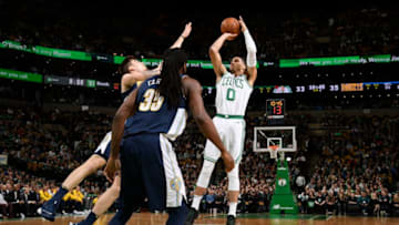 BOSTON, MA - DECEMBER 13: Jayson Tatum #0 of the Boston Celtics shoots the ball during the game against the Denver Nuggets on December 13, 2017 at the TD Garden in Boston, Massachusetts. NOTE TO USER: User expressly acknowledges and agrees that, by downloading and or using this photograph, User is consenting to the terms and conditions of the Getty Images License Agreement. Mandatory Copyright Notice: Copyright 2017 NBAE (Photo by Brian Babineau/NBAE via Getty Images)