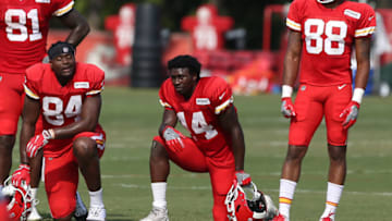 ST. JOSEPH, MO - AUGUST 05: Kansas City Chiefs wide receiver Sammy Watkins (14) kneels during training camp on August 5, 2018 at Missouri Western State University in St. Joseph, MO. (Photo by Scott Winters/Icon Sportswire via Getty Images)