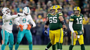 Miami Dolphins defensive end Robert Quinn celebrates after sacking Green Bay Packers quarterback Aaron Rodgers during their football game on Nov. 11, 2018, at Lambeau Field in Green BayApc Glasheen Pics Of The Year 006 2018