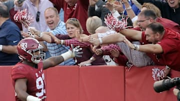 Oct 22, 2016; Tuscaloosa, AL, USA; Alabama Crimson Tide defensive lineman Jonathan Allen (93) celebrates with the fans after returning a fumble for a touchdown against Texas A&M Aggies at Bryant-Denny Stadium. Mandatory Credit: Marvin Gentry-USA TODAY Sports