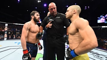 UTICA, NY - JUNE 01: (L-R) Jimmie Rivera and Marlon Moraes of Brazil face off prior to their bantamweight fight during the UFC Fight Night event at the Adirondack Bank Center on June 1, 2018 in Utica, New York. (Photo by Josh Hedges/Zuffa LLC/Zuffa LLC via Getty Images)