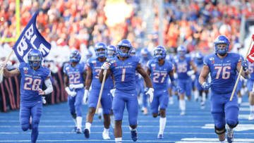 BOISE, ID - SEPTEMBER 06: Wide receiver Octavius Evans #1 of the Boise State Broncos leads the team on to the field prior to the first half against the Marshall Thundering Herd on September 6, 2019 at Albertsons Stadium in Boise, Idaho. (Photo by Loren Orr/Getty Images)