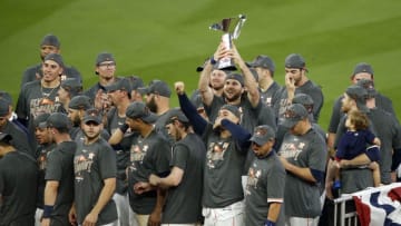 HOUSTON, TEXAS - OCTOBER 21: The Houston Astros celebrate after defeating the New York Yankees by a score of 4-0 to win Game Seven of the American League Championship Series at Minute Maid Park on October 21, 2017 in Houston, Texas. The Houston Astros advance to face the Los Angeles Dodgers in the World Series.(Photo by Bob Levey/Getty Images)
