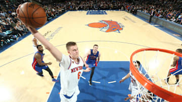 NEW YORK, NY - MARCH 27: Kristaps Porzingis #6 of the New York Knicks goes up for a dunk during a game against the Detroit Pistons on March 27, 2017 at Madison Square Garden in New York City, New York. Copyright 2017 NBAE (Photo by Nathaniel S. Butler/NBAE via Getty Images)