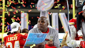 Feb 2, 2020; Miami Gardens, Florida, USA; Kansas City Chiefs offensive coordinator Eric Bieniemy​ reacts after beating the San Francisco 49ers in Super Bowl LIV at Hard Rock Stadium. Mandatory Credit: Matthew Emmons-USA TODAY Sports