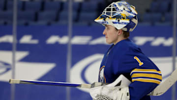 Apr 23, 2021; Buffalo, New York, USA; Buffalo Sabres goaltender Ukko-Pekka Luukkonen (1) during a stoppage in play in the third period against the Boston Bruins at KeyBank Center. Mandatory Credit: Timothy T. Ludwig-USA TODAY Sports