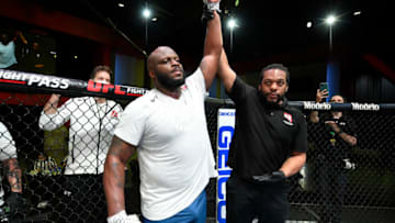 Feb 20, 2021; Las Vegas, NV, USA; Derrick Lewis reacts after his knockout victory over Curtis Blaydes in a heavyweight bout during the UFC Fight Night event at UFC APEX on February 20, 2021 in Las Vegas, Nevada. Mandatory Credit: Chris Unger/Handout Photo via USA TODAY Sports