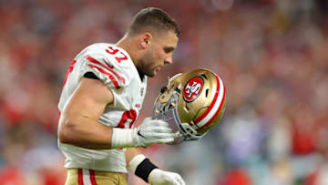 MIAMI, FLORIDA - FEBRUARY 02: Nick Bosa #97 of the San Francisco 49ers looks on against the Kansas City Chiefs in Super Bowl LIV at Hard Rock Stadium on February 02, 2020 in Miami, Florida. (Photo by Kevin C. Cox/Getty Images)