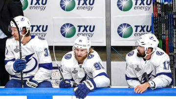 EDMONTON, ALBERTA - SEPTEMBER 23: Steven Stamkos #91 of the Tampa Bay Lightning looks on from the bench against the Dallas Stars during the second period in Game Three of the 2020 NHL Stanley Cup Final at Rogers Place on September 23, 2020 in Edmonton, Alberta, Canada. (Photo by Bruce Bennett/Getty Images)