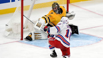 Mar 13, 2021; Boston, Massachusetts, USA; New York Rangers center Ryan Strome (16) scores on Boston Bruins goaltender Jaroslav Halak (41) during the third period at the TD Garden. Mandatory Credit: Brian Fluharty-USA TODAY Sports