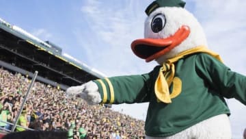 Oct 29, 2016; Eugene, OR, USA; Puddles the Oregon Ducks mascot celebrates during the first quarter against the Arizona State Sun Devils at Autzen Stadium. Mandatory Credit: Cole Elsasser-USA TODAY Sports