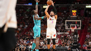 Max Strus #31 of the Miami Heat attempts a three point shot during the first half against the Charlotte Hornets(Photo by Eric Espada/Getty Images)