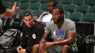 HONOLULU, HI - OCTOBER 6: Kawhi Leonard #2 of the LA Clippers looks on before the game against the Shanghai Sharks on October 6, 2019 at Stan Sheriff Center in Honolulu, Hawaii. NOTE TO USER: User expressly acknowledges and agrees that, by downloading and/or using this Photograph, user is consenting to the terms and conditions of the Getty Images License Agreement. Mandatory Copyright Notice: Copyright 2019 NBAE (Photo by Jay Metzger/NBAE via Getty Images)