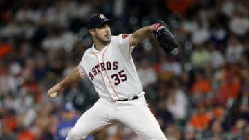 HOUSTON, TEXAS - SEPTEMBER 17: Justin Verlander #35 of the Houston Astros pitches in the first inning against the Texas Rangers at Minute Maid Park on September 17, 2019 in Houston, Texas. (Photo by Bob Levey/Getty Images)