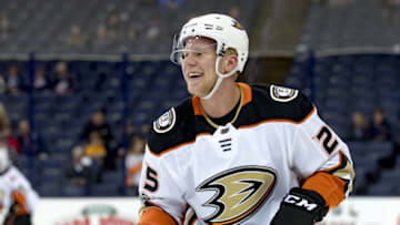 COLUMBUS, OH - DECEMBER 01: Anaheim Ducks right wing Ondrej Kase (25) looks on before a game between the Columbus Blue Jackets and the Anaheim Ducks on December 01, 2017, at Nationwide Arena in Columbus, OH.(Photo by Adam Lacy/Icon Sportswire via Getty Images)