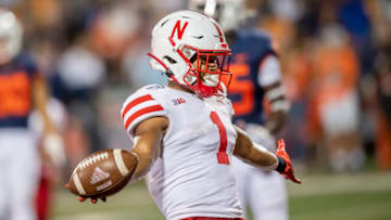 Sep 21, 2019; Champaign, IL, USA; Nebraska Cornhuskers wide receiver Wan'Dale Robinson (1) runs in for a touchdown during the second half against the Illinois Fighting Illini at Memorial Stadium. Mandatory Credit: Patrick Gorski-USA TODAY Sports