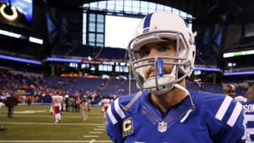 Oct 30, 2016; Indianapolis, IN, USA; Indianapolis Colts quarterback Andrew Luck (12) walks off the field after a game against the Kansas City Chiefs at Lucas Oil Stadium. Kansas City defeats Indianapolis 30-14. Mandatory Credit: Brian Spurlock-USA TODAY Sports