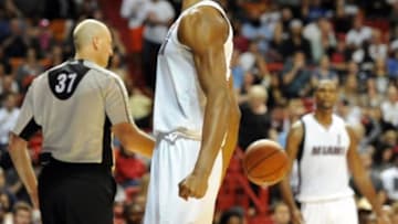 Dec 20, 2015; Miami, FL, USA; Miami Heat center Hassan Whiteside (21) celebrates after scoring in the second half against the Portland Trailblazers at American Airlines Arena. Mandatory Credit: Robert Duyos-USA TODAY Sports