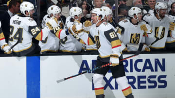LOS ANGELES, CA - SEPTEMBER 19: Mark Stone #61 of the Vegas Golden Knights celebrates his third-period goal with the bench during the preseason game against the Los Angeles Kings at STAPLES Center on September 19, 2019 in Los Angeles, California. (Photo by Juan Ocampo/NHLI via Getty Images)