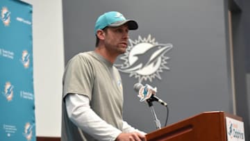 May 26, 2016; Davie, FL, USA; Miami Dolphins head coach Adam Gase speaks with reporters at Baptist Health Training Facility at Nova South. Mandatory Credit: Steve Mitchell-USA TODAY Sports