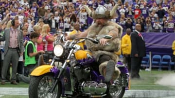 Oct 13, 2013; Minneapolis, MN, USA; Minnesota Vikings mascot Ragnar enters the field prior to the game against the Carolina Panthers at Mall of America Field at H.H.H. Metrodome. The Panthers defeated the Vikings 35-10. Mandatory Credit: Brace Hemmelgarn-USA TODAY Sports
