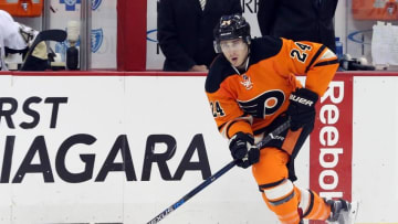 Apr 3, 2016; Pittsburgh, PA, USA; Philadelphia Flyers right wing Matt Read (24) skates with the puck against the Pittsburgh Penguins during the first period at the CONSOL Energy Center. The Penguins won 6-2. Mandatory Credit: Charles LeClaire-USA TODAY Sports