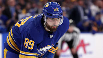 Apr 3, 2022; Buffalo, New York, USA; Buffalo Sabres right wing Alex Tuch (89) waits for the face-off during the second period against the Florida Panthers at KeyBank Center. Mandatory Credit: Timothy T. Ludwig-USA TODAY Sports