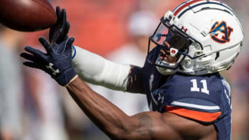 Auburn football wide receiver Shedrick Jackson (11) during warm ups at Jordan-Hare Stadium in Auburn, Ala., on Saturday, Nov. 13, 2021.