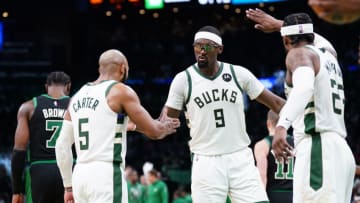 May 1, 2022; Boston, Massachusetts, USA; Milwaukee Bucks center Bobby Portis (9) reacts with his teammates after his three point basket against the Boston Celtics in the second half during game one of the second round for the 2022 NBA playoffs at TD Garden. Mandatory Credit: David Butler II-USA TODAY Sports