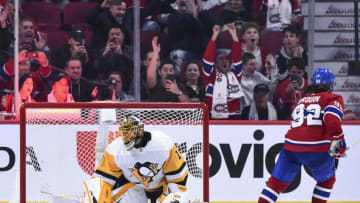 MONTREAL, QC - OCTOBER 13: Jonathan Drouin #92 of the Montreal Canadiens scores on goaltender Casey DeSmith #1 of the Pittsburgh Penguins, on a breakaway in a shootout, during the NHL game at the Bell Centre on October 13, 2018 in Montreal, Quebec, Canada. The Montreal Canadiens defeated the Pittsburgh Penguins 4-3 in a shootout. (Photo by Minas Panagiotakis/Getty Images)