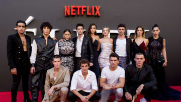MADRID, SPAIN - AUGUST 29: (L-R) Omar Ayuso, Jorge Lopez, Danna Paola, Alvaro Rico, Claudia Salas, Ester Exposito, Itzan Escamilla, Georgina Amorós, Mina El Hammani, Miguel Bernadeau, Miguel Herran, Jaime Lorente and Aron Piper attend "Elite" 2nd Season Premiere at Callao Cinema on August 29, 2019 in Madrid, Spain. (Photo by Pablo Cuadra/Getty Images for Netflix)