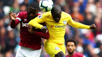 LONDON, ENGLAND - SEPTEMBER 23: Arthur Masuaku of West Ham United battles for possession with N'golo Kante of Chelsea during the Premier League match between West Ham United and Chelsea FC at London Stadium on September 23, 2018 in London, United Kingdom. (Photo by Dean Mouhtaropoulos/Getty Images)