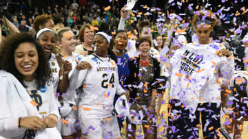 SPOKANE, WA - MARCH 26: the Notre Dame coaches and players celebrate after the game between the Oregon Ducks and the Notre Dame Fighting Irish played on March 26, 2018 at the Veterans Memorial Arena in Spokane, WA.. (Photo by Robert Johnson/Icon Sportswire via Getty Images)
