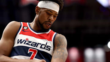 WASHINGTON, DC - JANUARY 09: Jordan Goodwin #7 of the Washington Wizards looks on against the New Orleans Pelicans at Capital One Arena on January 09, 2023 in Washington, DC. NOTE TO USER: User expressly acknowledges and agrees that, by downloading and or using this photograph, User is consenting to the terms and conditions of the Getty Images License Agreement. (Photo by Rob Carr/Getty Images)