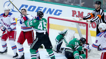 DALLAS, TEXAS - MARCH 05: Roman Polak #45 of the Dallas Stars and Esa Lindell #23 of the Dallas Stars fight against Filip Chytil #72 of the New York Rangers, Pavel Buchnevich #89 of the New York Rangers and Chris Kreider #20 of the New York Rangers in the third period at American Airlines Center on March 05, 2019 in Dallas, Texas. (Photo by Tom Pennington/Getty Images)