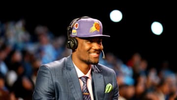 BROOKLYN, NY - JUNE 21: DeAndre Ayton talks to the media after being selected number one overall by the Phoenix Suns on June 21, 2018 at Barclays Center during the 2018 NBA Draft in Brooklyn, New York. NOTE TO USER: User expressly acknowledges and agrees that, by downloading and or using this photograph, User is consenting to the terms and conditions of the Getty Images License Agreement. Mandatory Copyright Notice: Copyright 2018 NBAE (Photo by Chris Marion/NBAE via Getty Images)