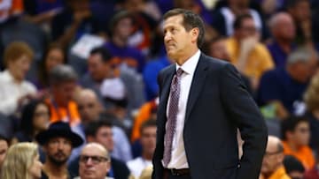 Oct 28, 2015; Phoenix, AZ, USA; Phoenix Suns head coach Jeff Hornacek reacts in the second half against the Dallas Mavericks in the season opener at Talking Stick Resort Arena. The Mavericks defeated the Suns 111-95. Mandatory Credit: Mark J. Rebilas-USA TODAY Sports