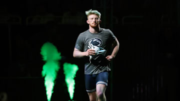 PITTSBURGH, PA - MARCH 23: Bo Nickal of the Penn State Nittany Lions is introduced during the championship finals of the NCAA Wrestling Championships on March 23, 2019 at PPG Paints Arena in Pittsburgh, Pennsylvania. (Photo by Hunter Martin/NCAA Photos via Getty Images)