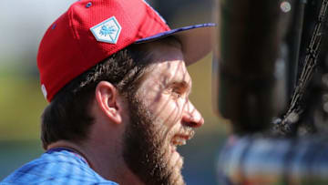 CLEARWATER, FL - MARCH 3: Bryce Harper #3 of the Philadelphia Phillies steps on to the field for his first workout as a member of the Phillies on Sunday March 3, 2019 at Spectrum Field in Clearwater, Florida. (Photo by Mike Carlson/MLB Photos via Getty Images)