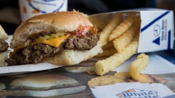 NEW YORK, NY - APRIL 12: In this photo illustration, a meatless 'Impossible Slider' sits on a table at a White Castle restaurant, April 12, 2018 in the Queens borough of New York City. The meatless burgers, which sell for $1.99, are about twice the size of White Castle's regular sliders. The patties, made primarily of wheat protein and potato, are the first plant-based burgers sold in an American quick-serve restaurant. (Photo illustration by Drew Angerer/Getty Images)