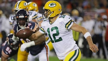 CHICAGO, ILLINOIS - SEPTEMBER 05: Aaron Rodgers #12 of the Green Bay Packers rolls out for a shovel pass against the Chicago Bears at Soldier Field on September 05, 2019 in Chicago, Illinois. (Photo by Jonathan Daniel/Getty Images)